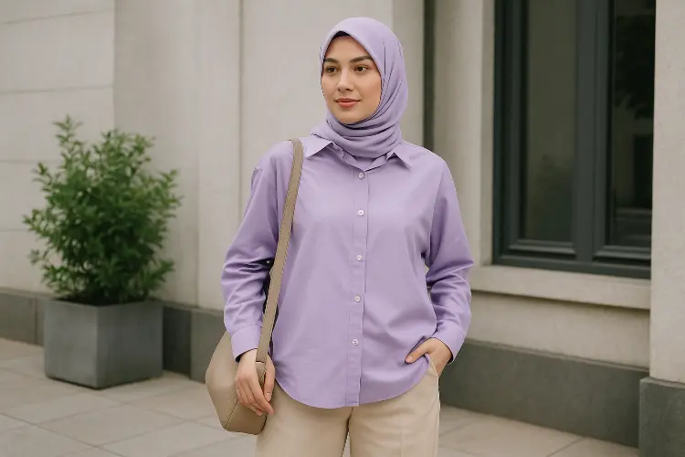 Kasual dengan Kemeja Lilac + Trousers Beige